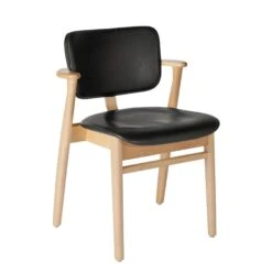 Artek Domus Dining Chair Birch W. Black Leather Upholstered Seat And Back