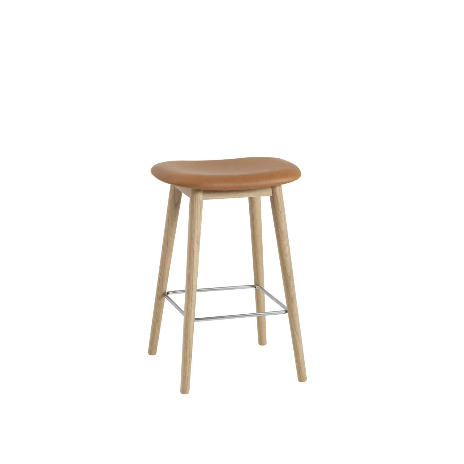 Muuto Fiber Bar Stool W. Wood Base Leather Upholstered Cognac/Oak H66 Cm